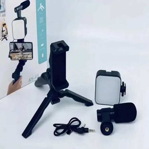 AY-49 Vlogger Video Making Kit – Microphone, LED Fill Light, Mini Tripod, Mobile Holder & Wireless Remote