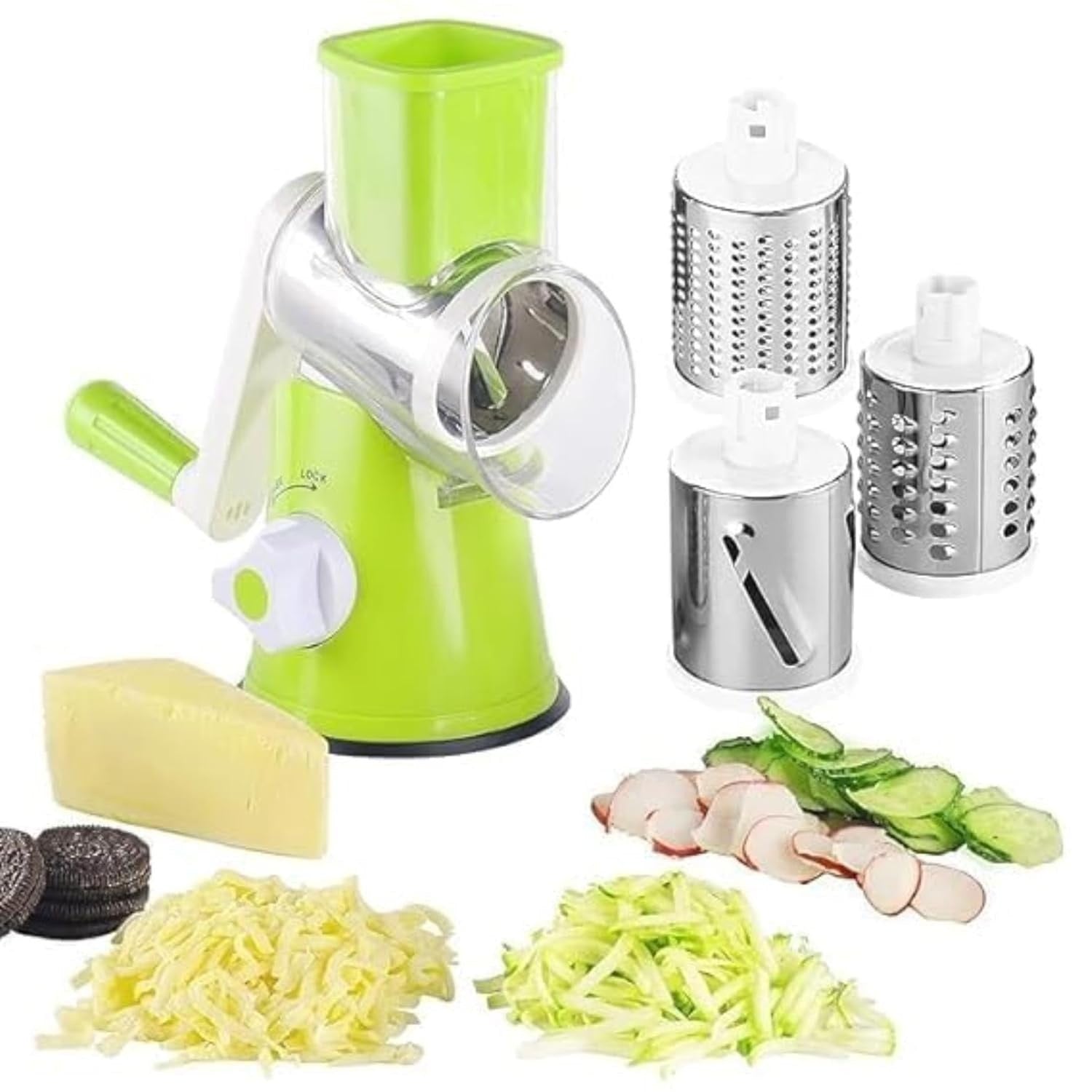 Manual 3-in-1 Vegetable Cutter & Drum Grater – Round Slicer, Multifunctional Kitchen Gadget