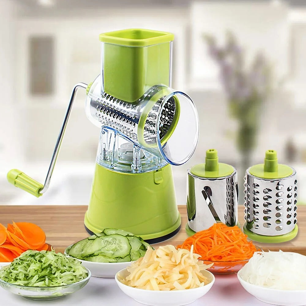 Manual 3-in-1 Vegetable Cutter & Drum Grater – Round Slicer, Multifunctional Kitchen Gadget