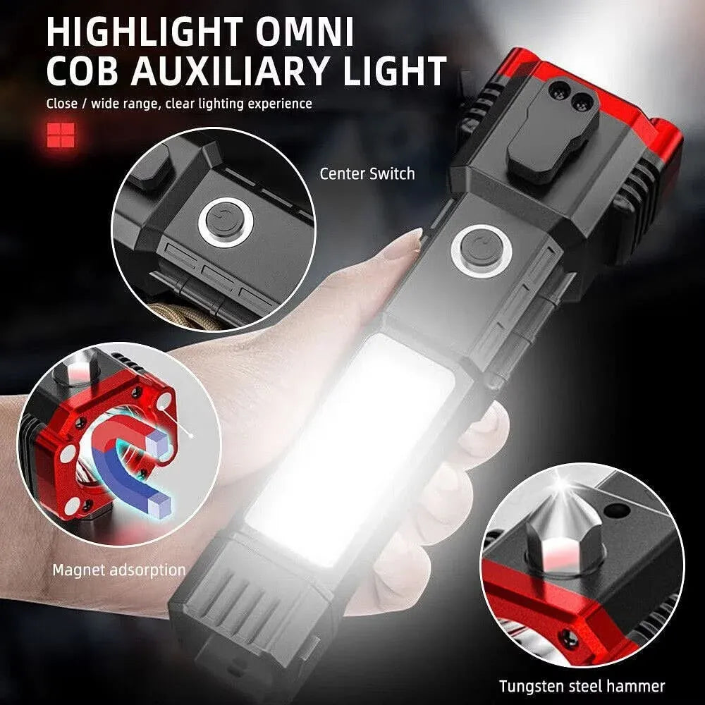 High Power LED Rechargeable Torch Light with Tactical Hammer & Power Bank | Emergency Flashlight (Random Color)