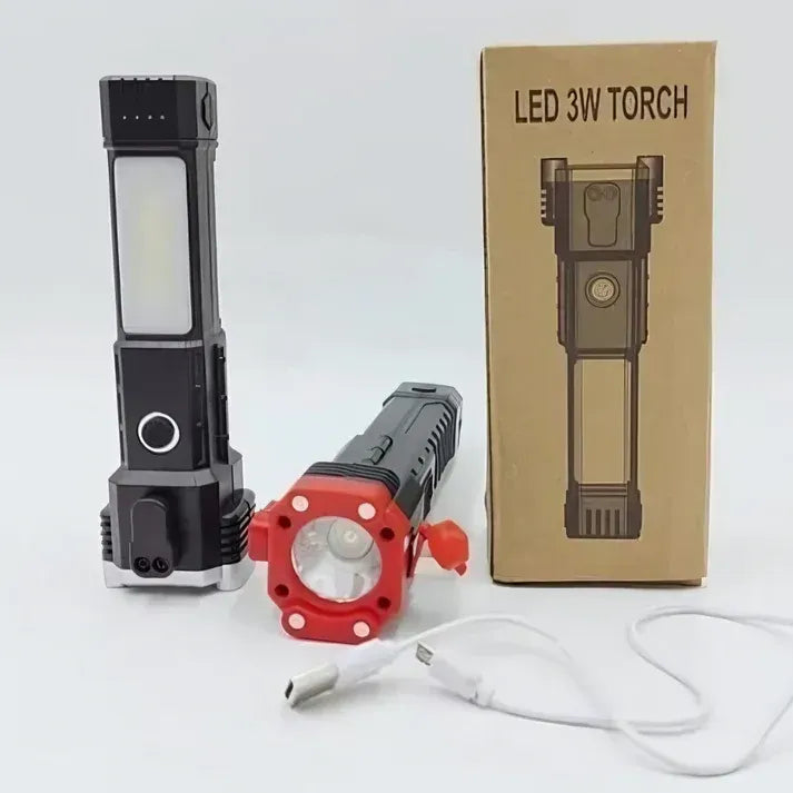 High Power LED Rechargeable Torch Light with Tactical Hammer & Power Bank | Emergency Flashlight (Random Color)