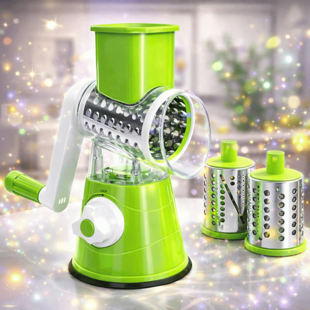 Manual 3-in-1 Vegetable Cutter & Drum Grater – Round Slicer, Multifunctional Kitchen Gadget