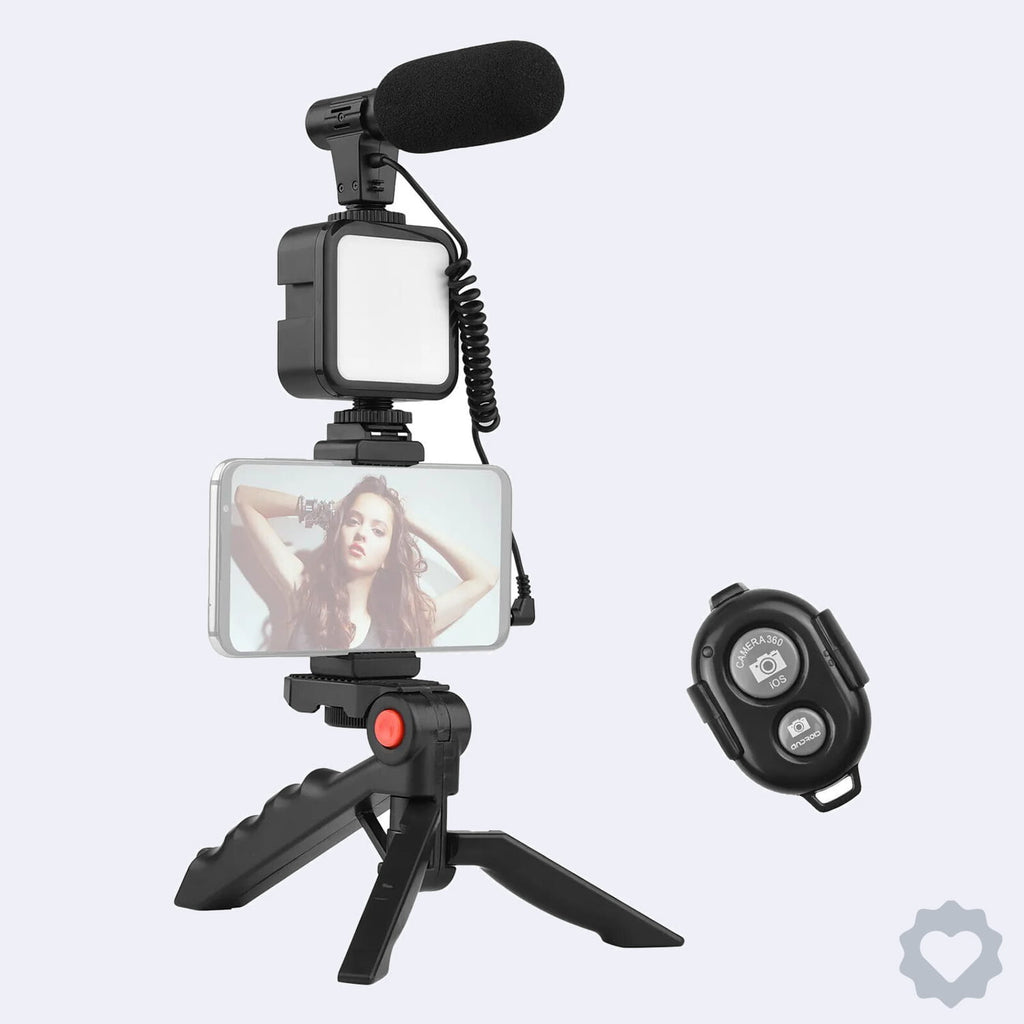 AY-49 Vlogger Video Making Kit – Microphone, LED Fill Light, Mini Tripod, Mobile Holder & Wireless Remote